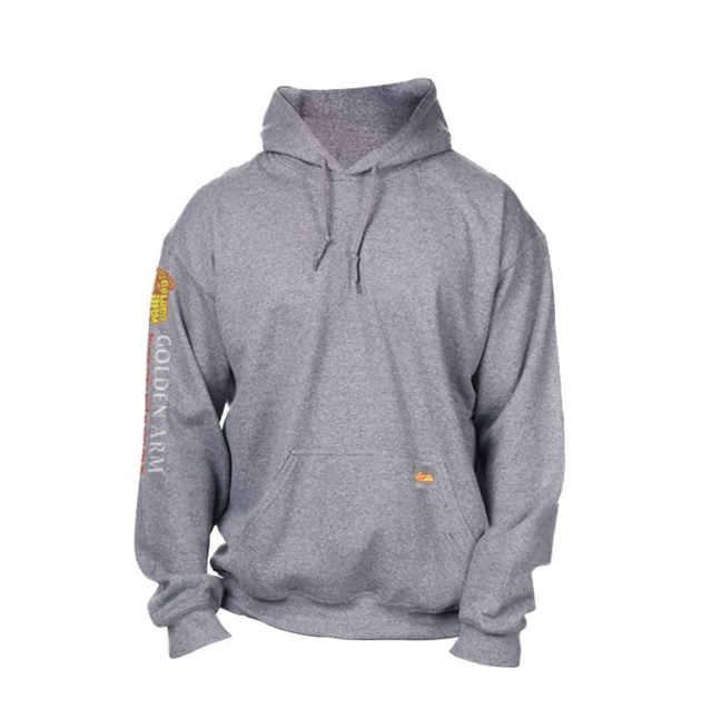 Front view of the gray My Golden Arm pullover hoodie with branded sleeve print